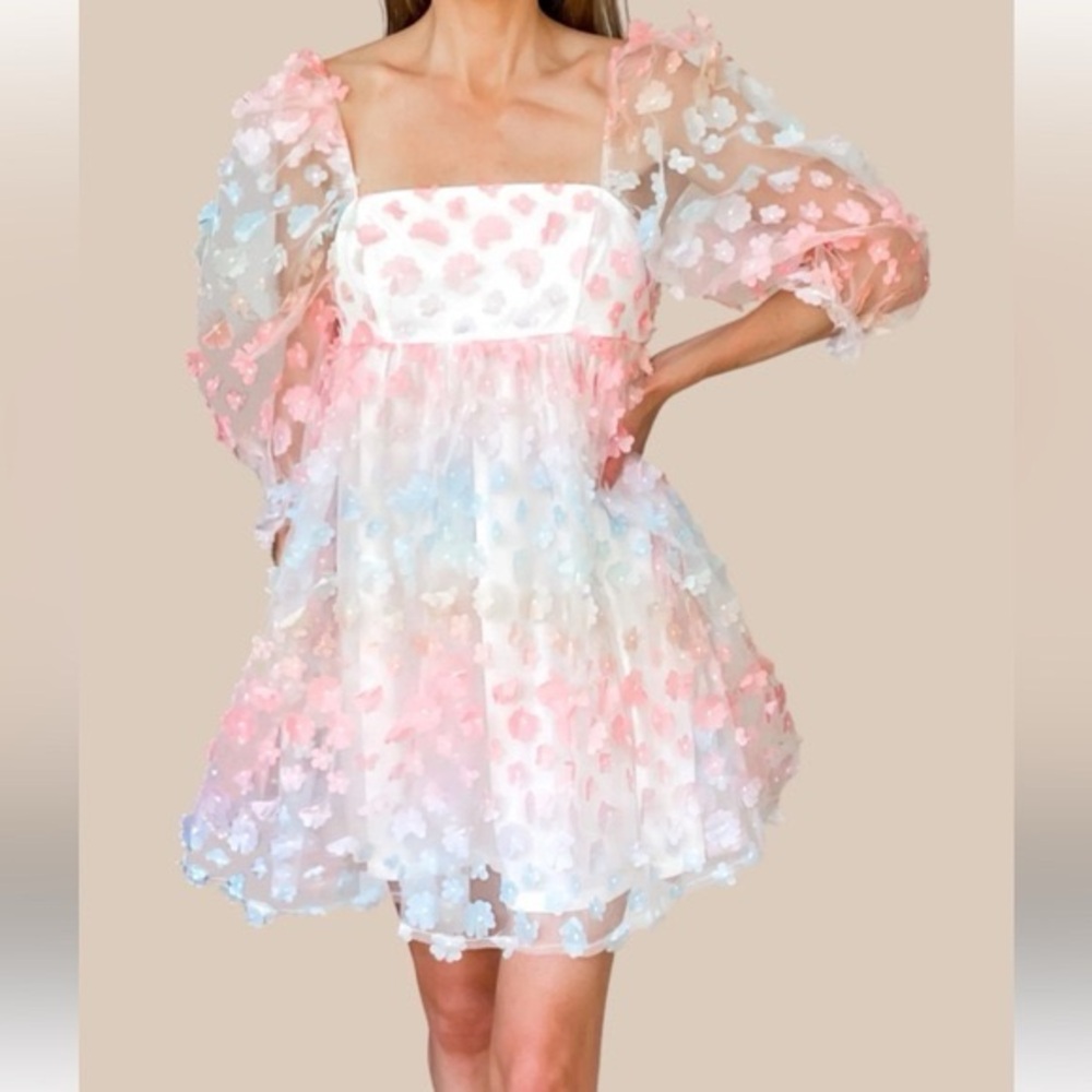 Storia Pastel Petals puff sleeve mini dress size small